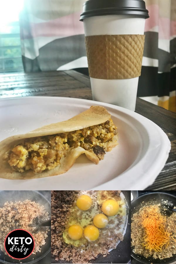 Low carb crepes with sausage egg and cheese bullet proof coffee keto friendly