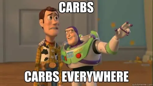 Buzz Lightyear to Woody toy story saying carbs carbs everywhere meme