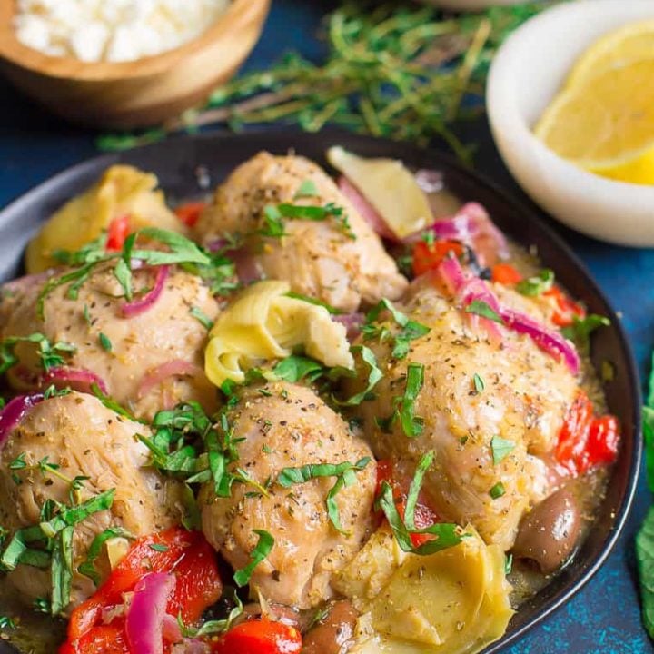 Instant Pot or Slow Cooker Greek Chicken Vertical Image - 75+ Keto Crockpot Recipes - Delicious Slow Cooker Low Carb Meals