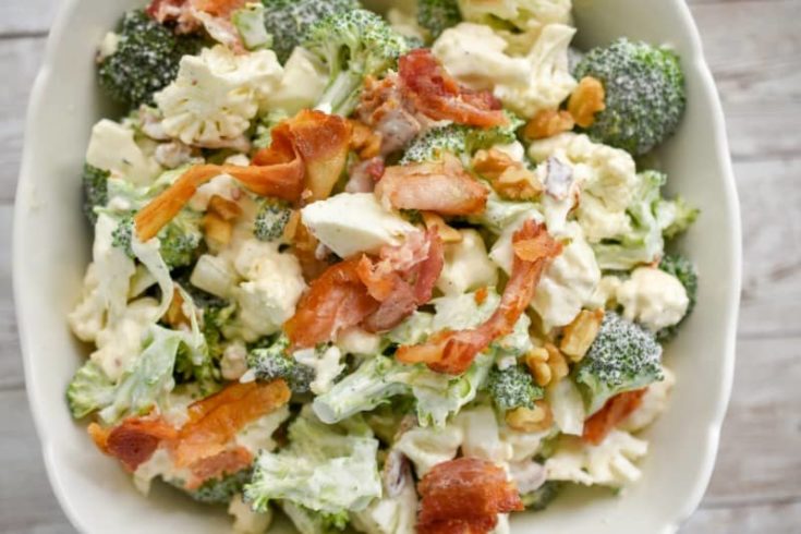 Keto Broccoli Cauliflower Salad In a bowl - Keto Side Dishes - 25+ Amazing Low Carb Sides for Any Meal!