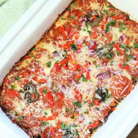 pizza casserole square - 75+ Keto Crockpot Recipes - Delicious Slow Cooker Low Carb Meals