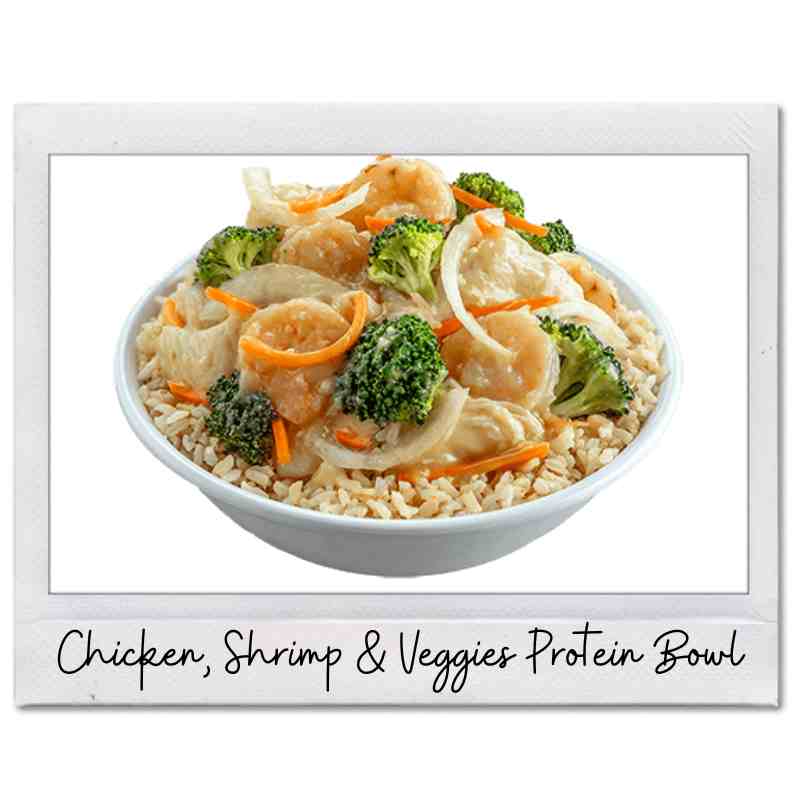 Yum Yum Shrimp pei wei keto menu low carb options Pei Wei keto chicken shrimp and veggies protein bowl with broccoli and onions on brown rice