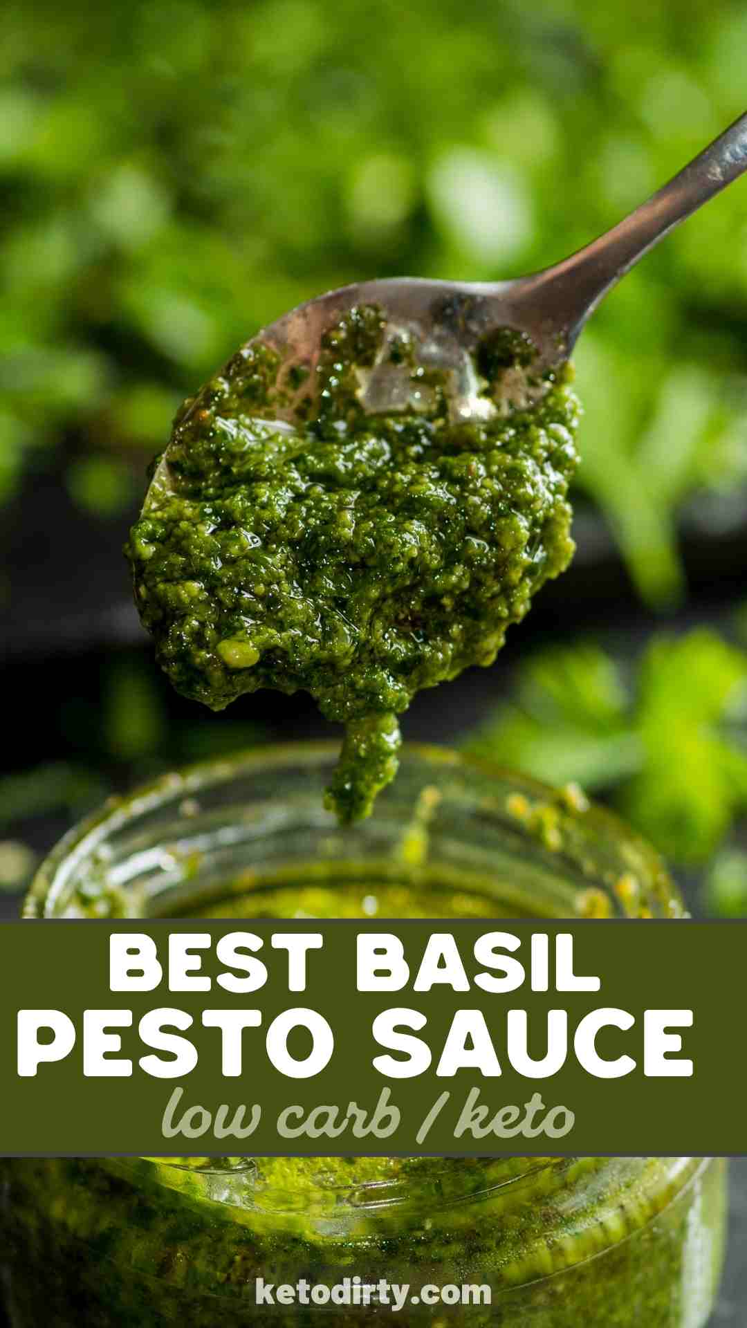 easy keto pesto sauce recipes photo of a spoon drizzling keto pesto sauce over a jar