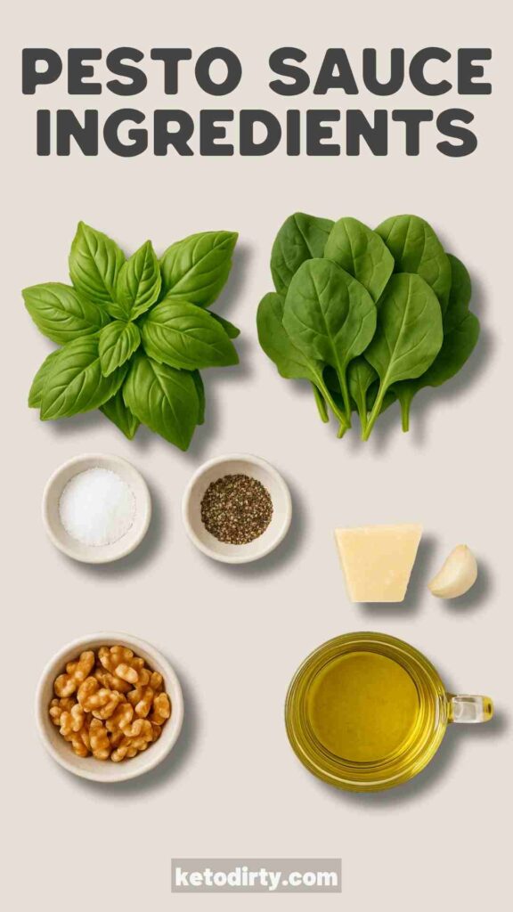Easy Keto Pesto Recipe - Homemade Deliciousness A visual ingredients for making keto pesto recipe including basil salt pepper olive oil garlic parmesan cheese