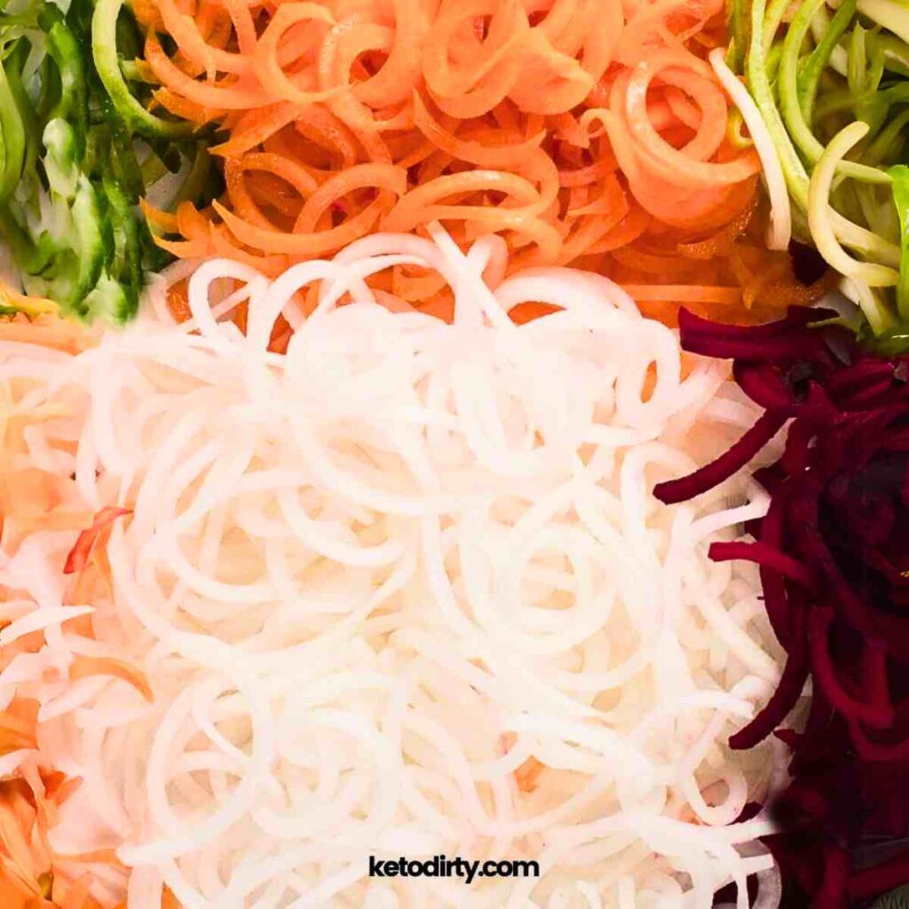 photo featuring a variety of vegetables made into noodles as a pasta alternative veggie spirals keto noodles recipe