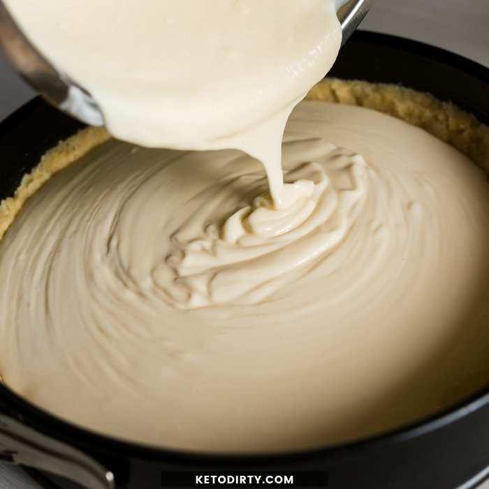 Instant Pot Keto Cheesecake pour keto instant pot cheesecake filling into cheesecake pan
