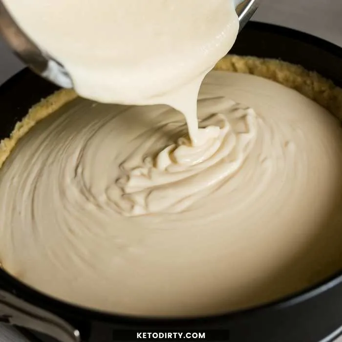 Instant Pot Keto Cheesecake 5 pour keto instant pot cheesecake filling into cheesecake pan