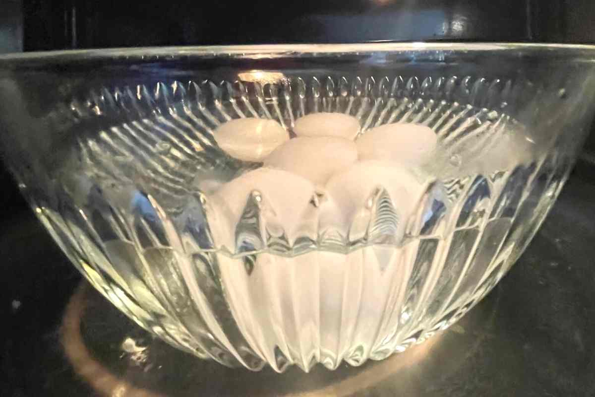 large bowl with water for microwaving hard boiled eggs