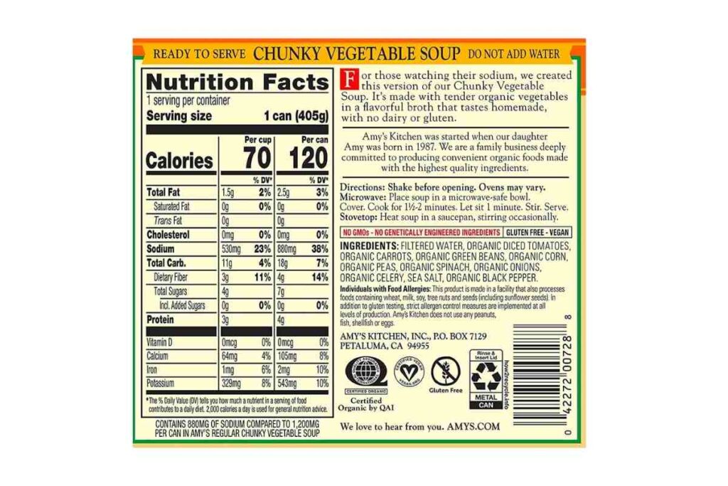 amy chunky vegetable soup nutritional facts