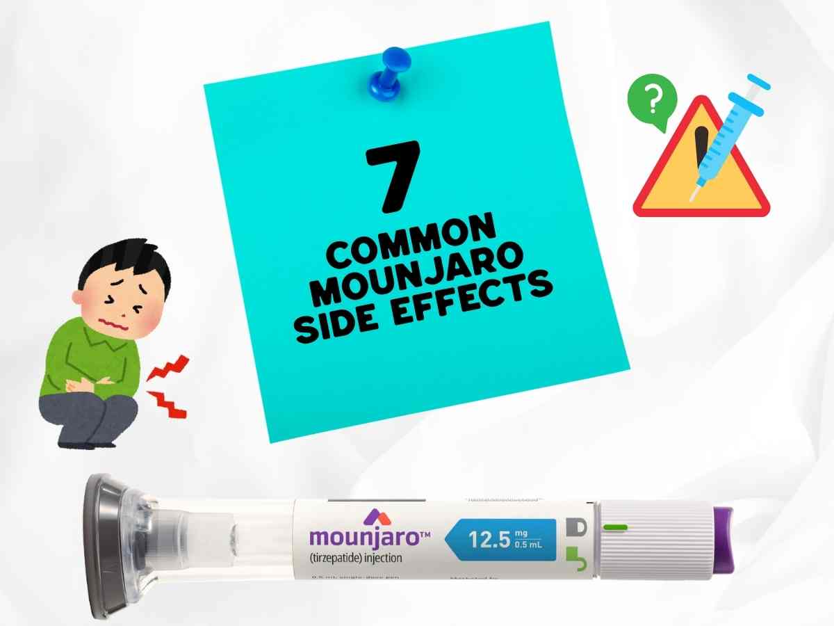 7 Common Mounjaro Side Effects Nobody Warned You About Post it note with 7 common mounjaro side effects showing cartoons experiencing stomach issues