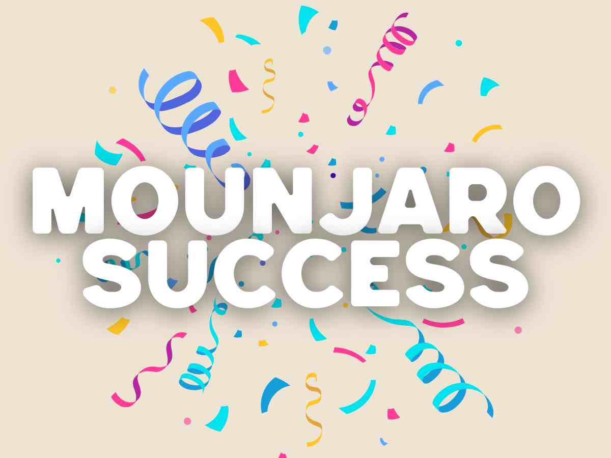Celebrating Mounjaro weight loss success with colorful confetti and bold text to mark progress on tirzepatide treatment