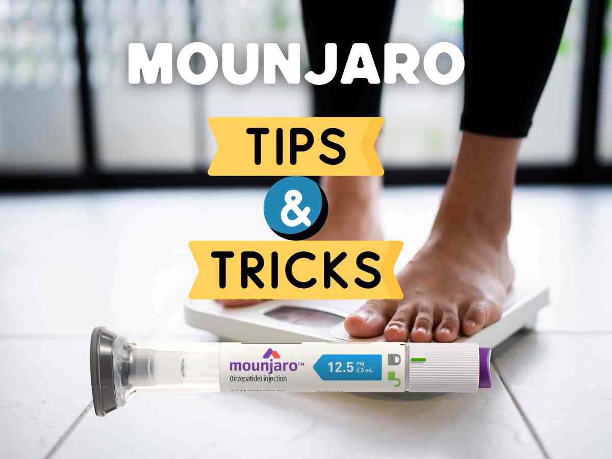 Mounjaro tips and tricks for weight loss showing feet on a scale and a tirzepatide injection pen for visual guidance