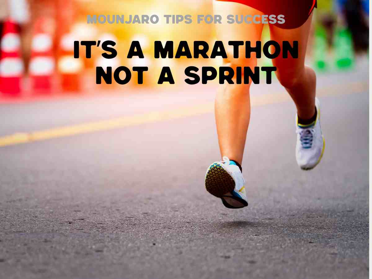 Mounjaro motivational tip showing running shoes and the phrase it's a marathon not a sprint to emphasize long-term weight loss goals
