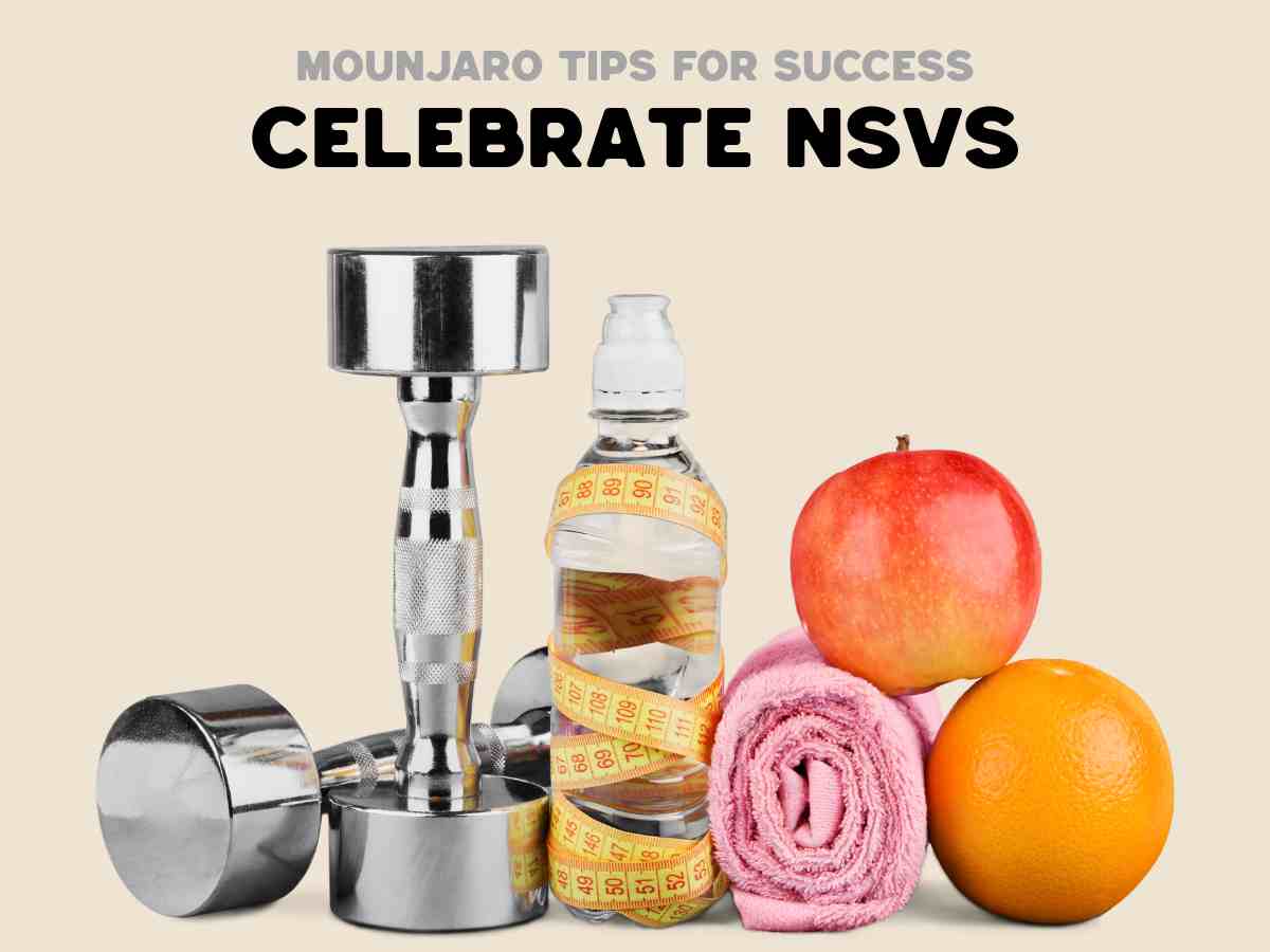 Non-scale victory celebration for Mounjaro users with fitness gear and healthy food to support tirzepatide weight loss