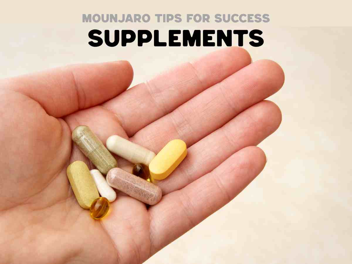 Hand holding assorted vitamins and capsules illustrating Mounjaro supplement tips for balanced tirzepatide weight loss support