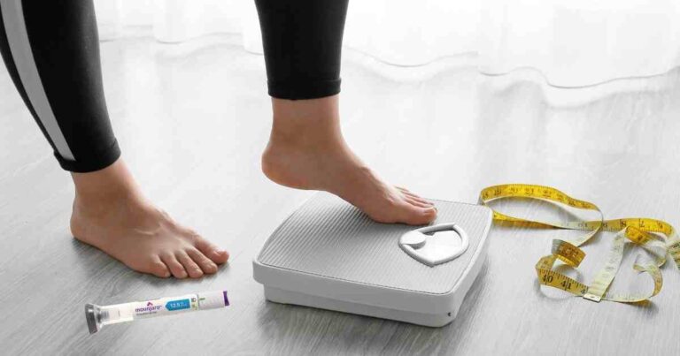 Foot stepping on scale beside measuring tape and Mounjaro pen highlighting tirzepatide weight loss progress tracking