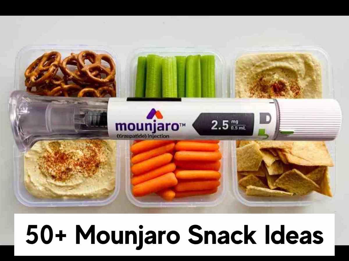 Best Mounjaro Snack Ideas to For Eating Between Meals Mounjaro pen placed over snack boxes with pretzels, veggies, and hummus – 50+ Mounjaro snack ideas for healthy low-carb eating.