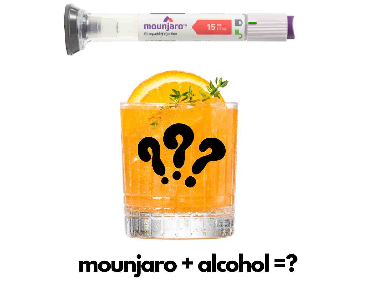 Mounjaro and Alcohol: 7 Helpful Things to Know Before You Drink Can you drink alcohol on Mounjaro tirzepatide? Cocktail with injection pen and question mark overlay