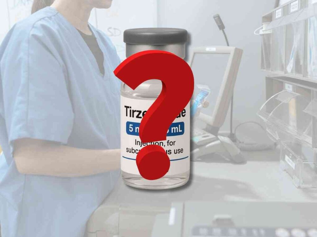 Tirzepatide Compound: What You Need to Know in 2025 Pharmacist background with vial labeled compound tirzepatide and red question mark overlay, representing uncertainty about availability