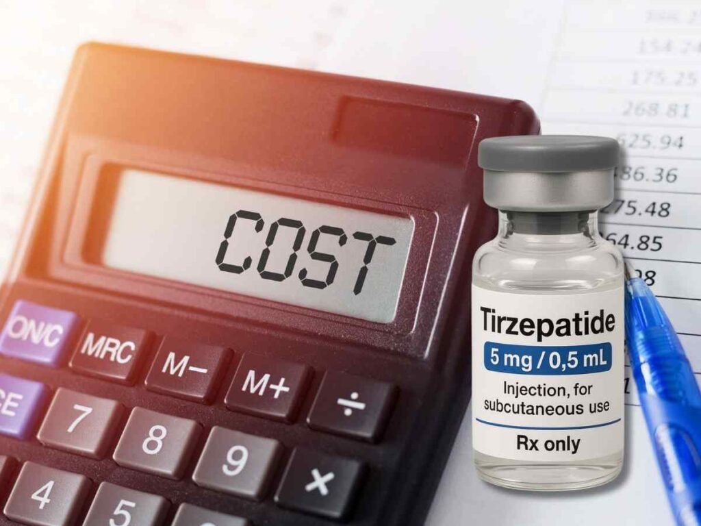 Tirzepatide Compound: What You Need to Know in 2025 Compound tirzepatide vial next to calculator displaying the word cost, symbolizing pricing questions in 2025