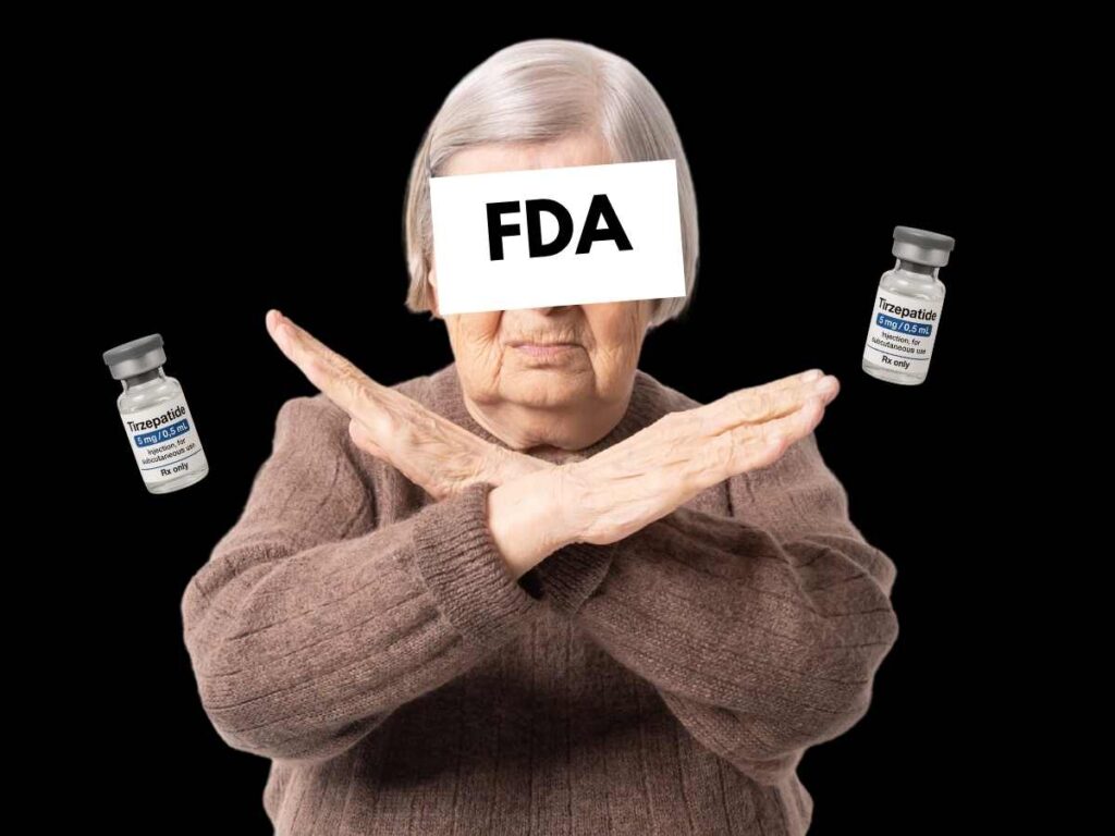 Tirzepatide Compound: What You Need to Know in 2025 Elderly woman with FDA label on face rejecting two compound tirzepatide vials, illustrating regulatory pushback