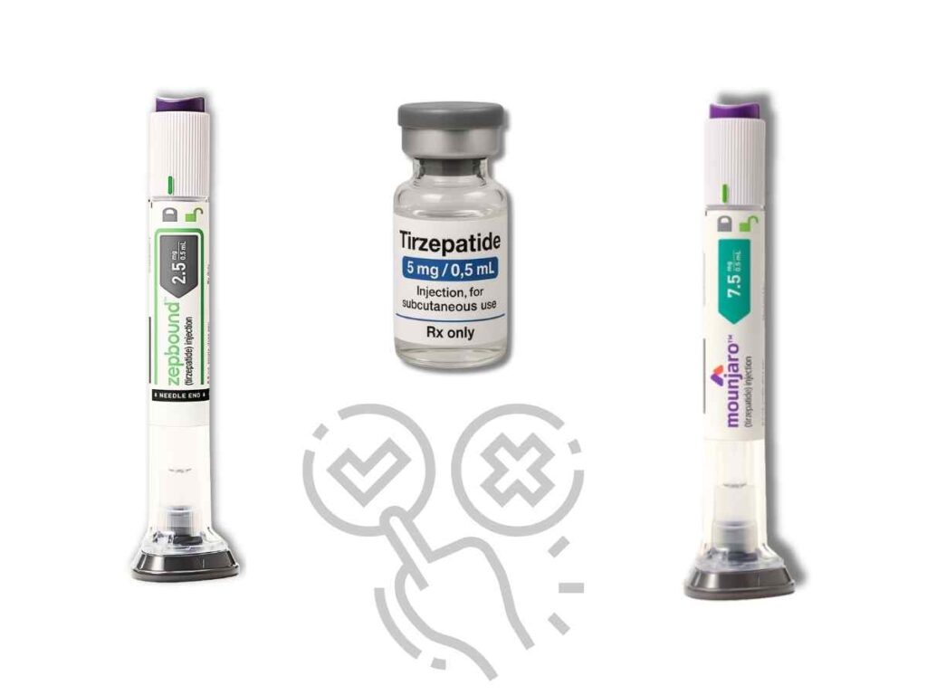 Tirzepatide Compound: What You Need to Know in 2025 Visual comparison of Mounjaro, Zepbound, and a compound tirzepatide vial, highlighting differences in form and availability