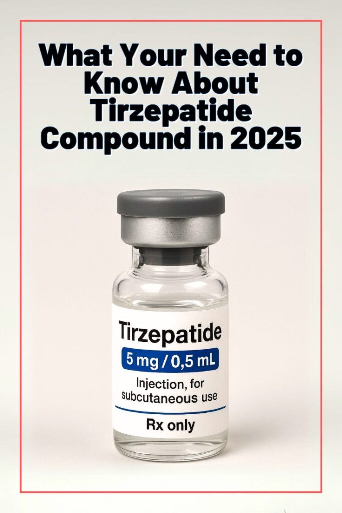 Tirzepatide Compound: What You Need to Know in 2025 Vial labeled Tirzepatide 5 mg/0.5 mL with text overlay that reads 'What You Need to Know About Tirzepatide Compound in 2025