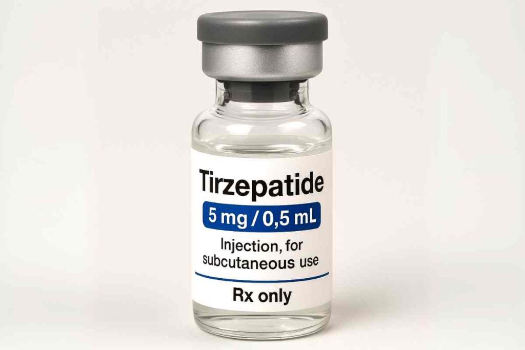 Tirzepatide Compound: What You Need to Know in 2025 Glass vial labeled Tirzepatide 5 mg/0.5 mL for subcutaneous injection, marked Rx only, used in discussions about compounded tirzepatide in 2025