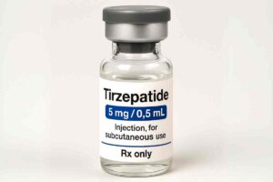 Glass vial labeled Tirzepatide 5 mg/0.5 mL for subcutaneous injection, marked Rx only, used in discussions about compounded tirzepatide in 2025
