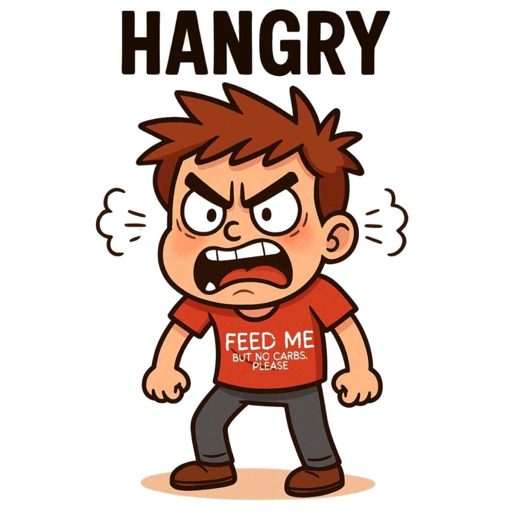 Keto Lunch Ideas to Crush Cravings and Beat the Hangries cartoon of a man hangry before eating a keto lunch