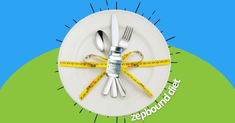 Zepbound diet visual guide with a plate, utensils, measuring tape, and Zepbound vial